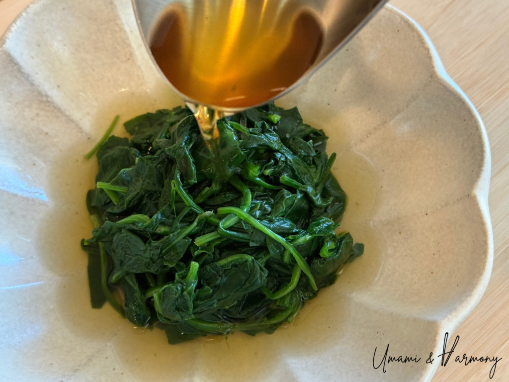 Spinach ohitashi soaking in dashi