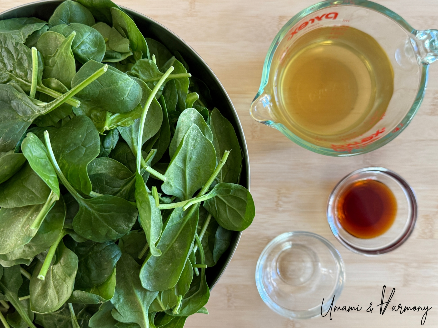 Ingredients for Spinach Ohitashi including baby spinach, dashi, soy sauce, and mirin