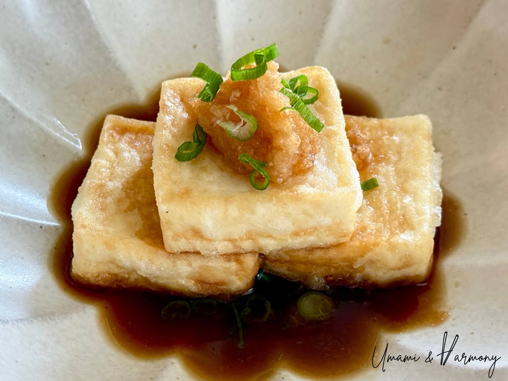 Agedashi tofu (fried tofu in dashi sauce) topped with grated daikon and green onion