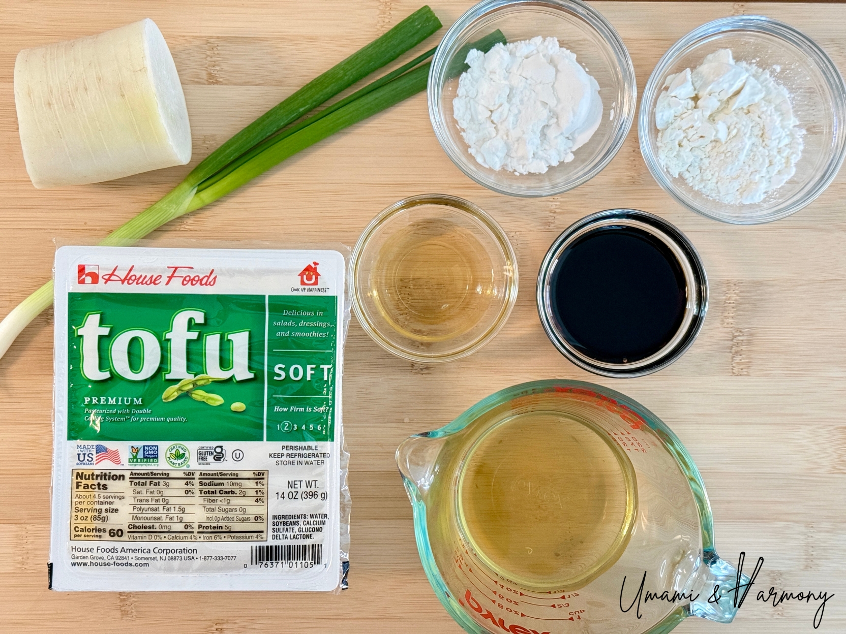 Ingredients for agedashi tofu including tofu, flour, starch, dashi, soy sauce, mirin, daikon and green onion. 