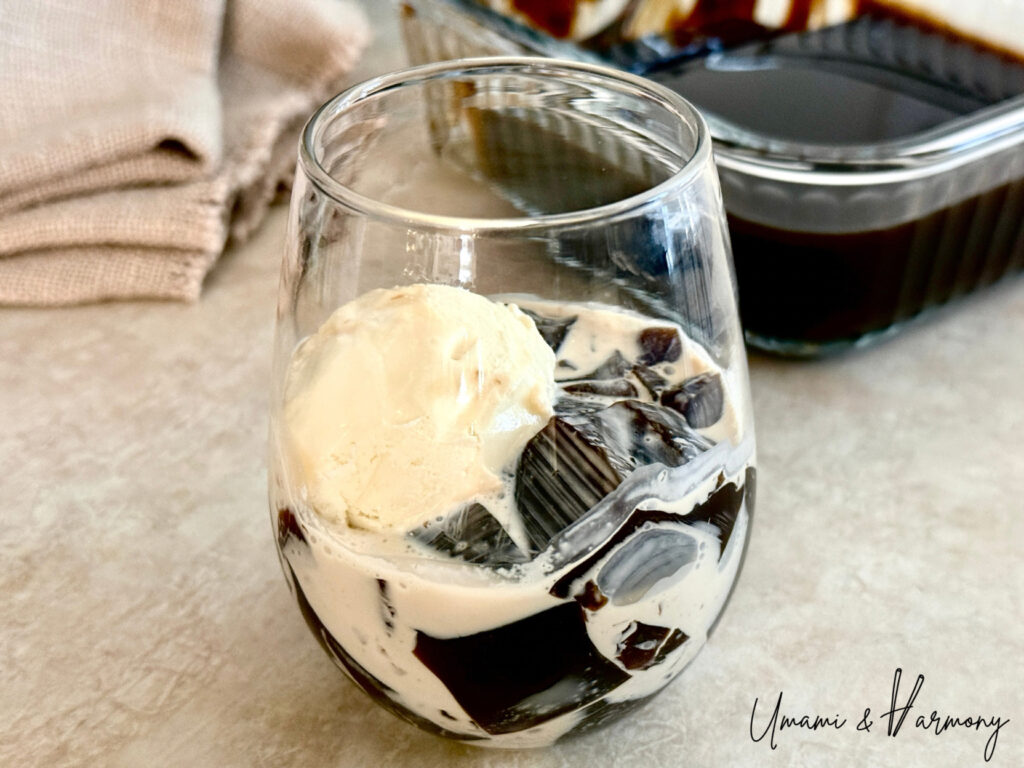 Coffee jelly (Japanese coffee dessert) served with vanilla ice cream