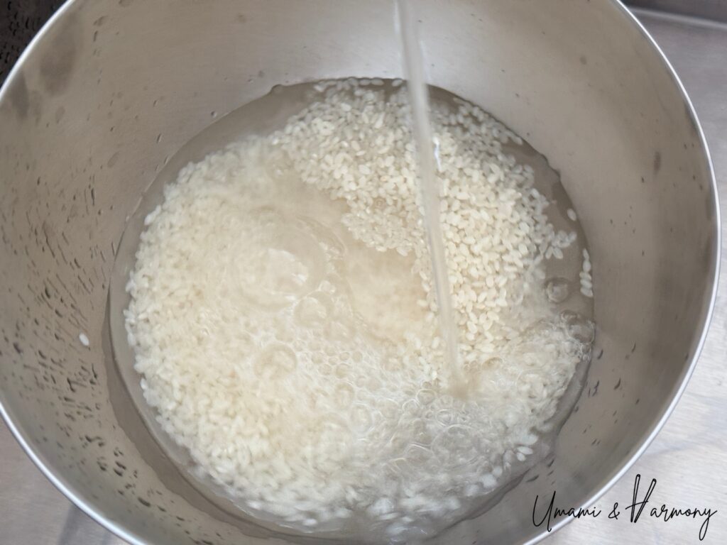 Rinsing Japanese short-grain rice before cooking