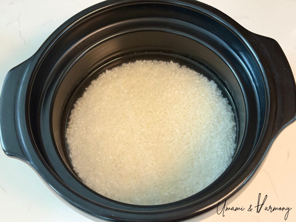 Soaked Japanese rice ready for cooking