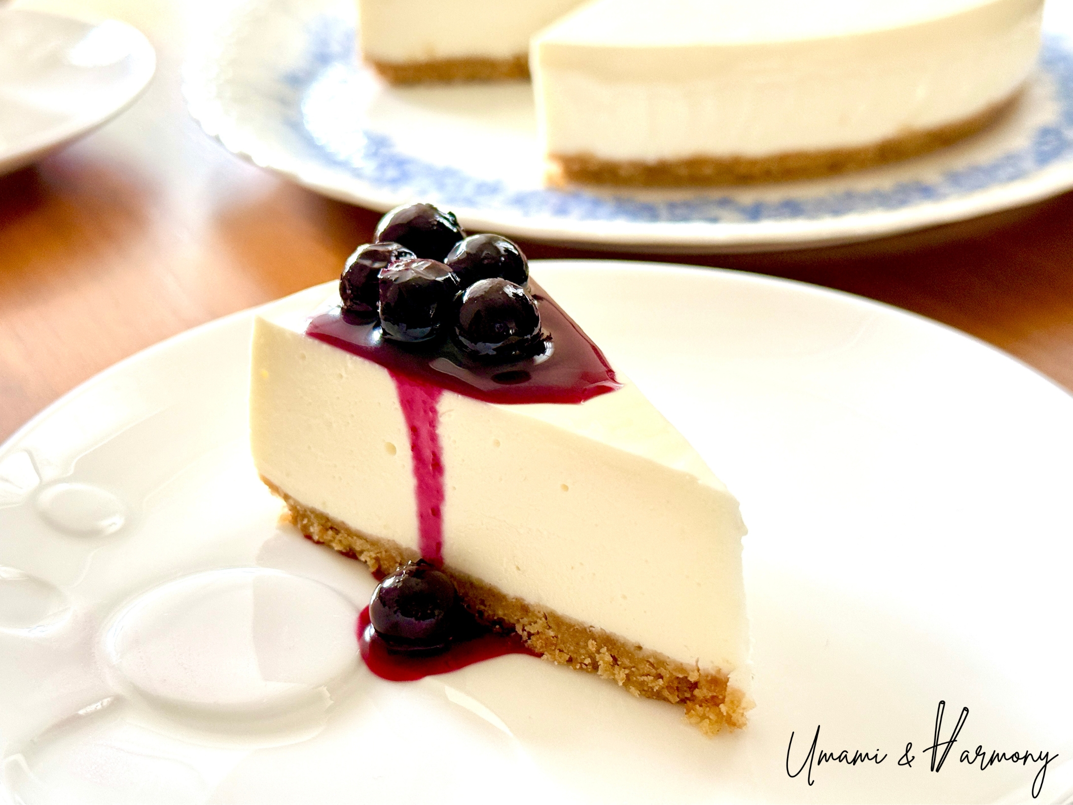 No-bake blueberry cheesecake served on a dessert plate