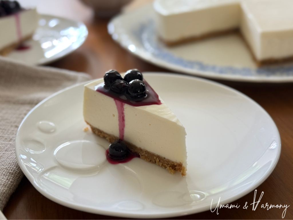 Slice of creamy no-bake blueberry cheesecake
