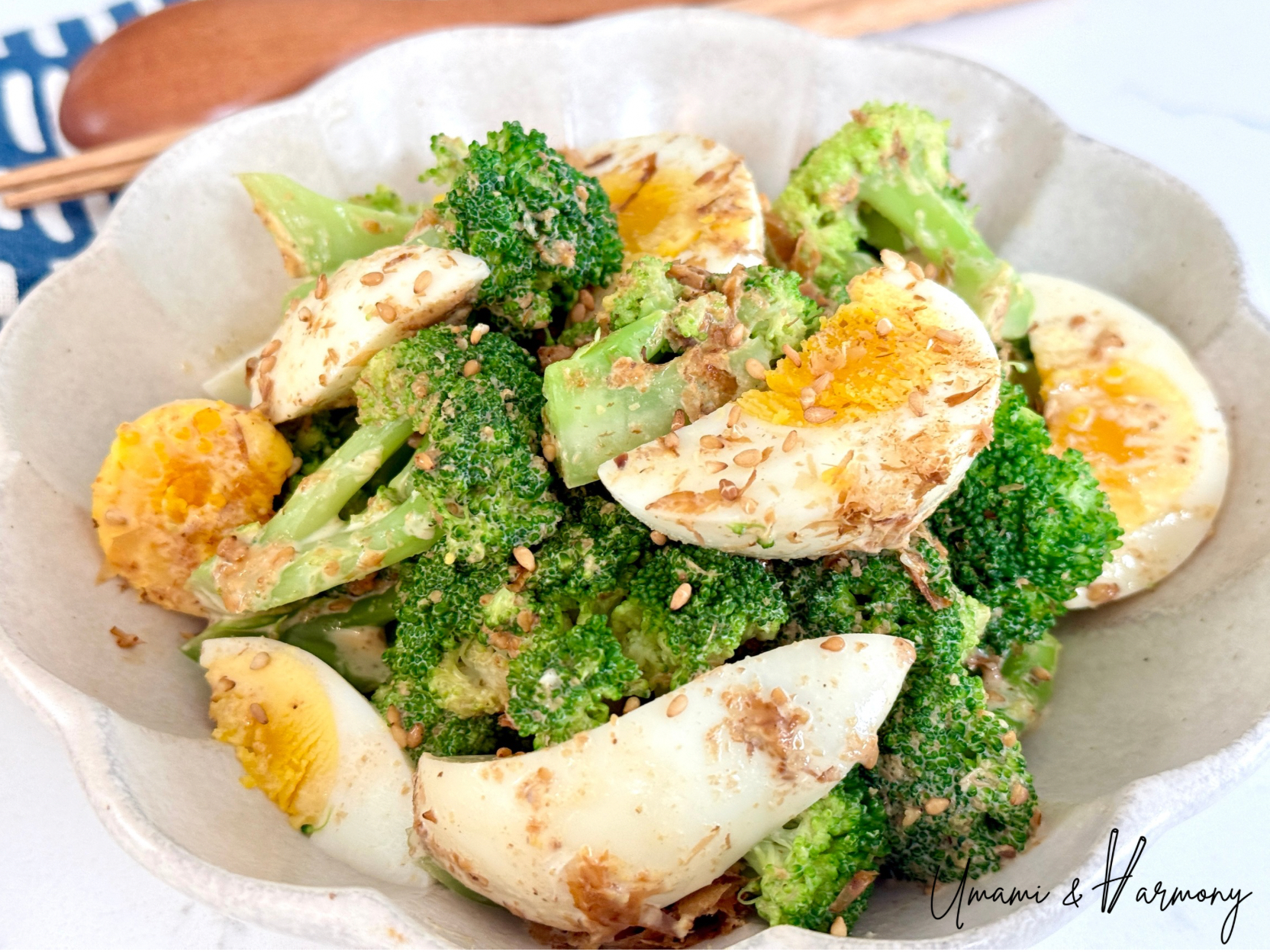 Japanese Broccoli and Egg Salad served in a bowl