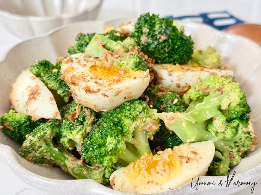 Close-up of Japanese broccoli and egg salad