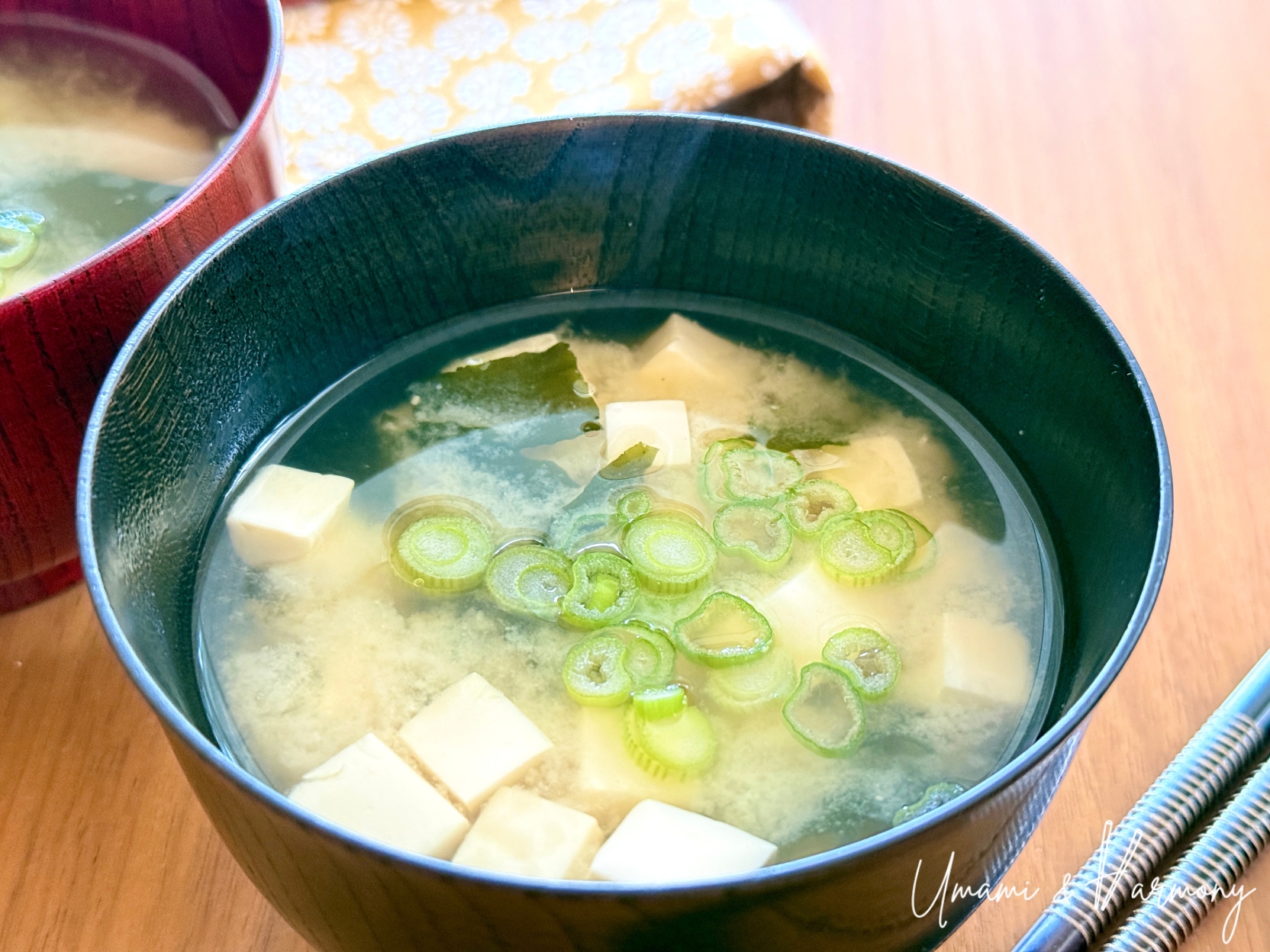 Japanese tofu and wakame miso soup in a bowl