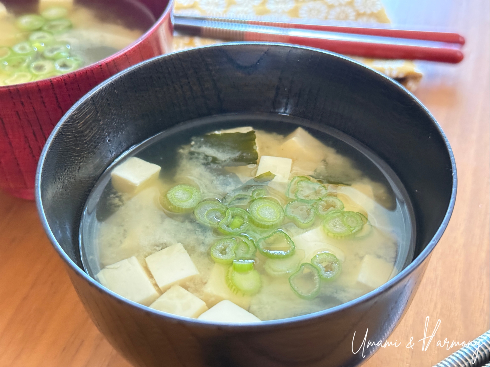 Tofu and wakame miso soup served with green onions