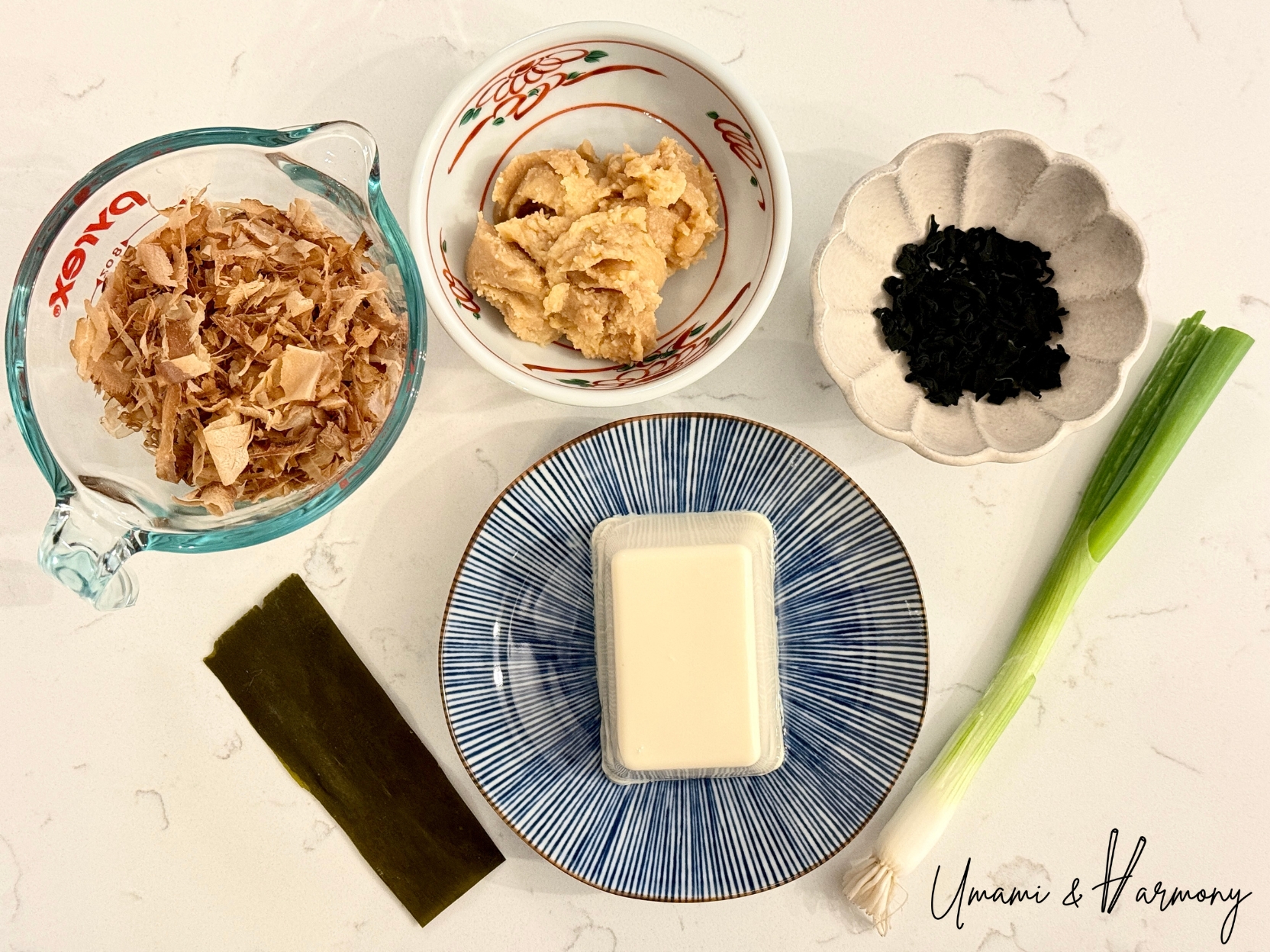 Kombu, bonito flakes, miso, tofu, wakame and green onion for Japanese miso soup