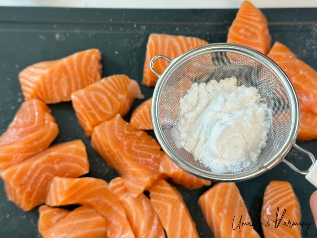 Salmon cut into bite-sized pieces for Nanbanzuke