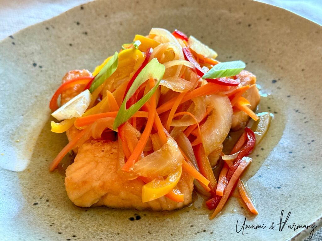 Close-up of homemade Salmon Nanbanzuke in sweet and tangy marinade