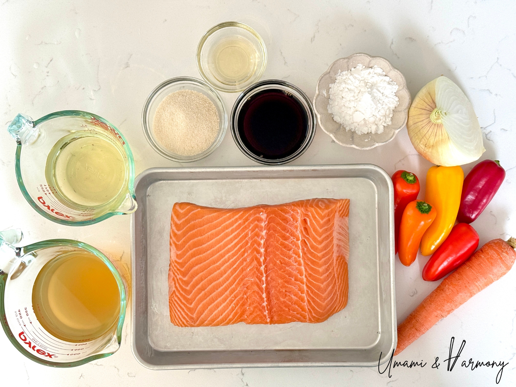 Ingredients for Salmon Nanbanzuke with salmon, vegetables, and marinade ingredients